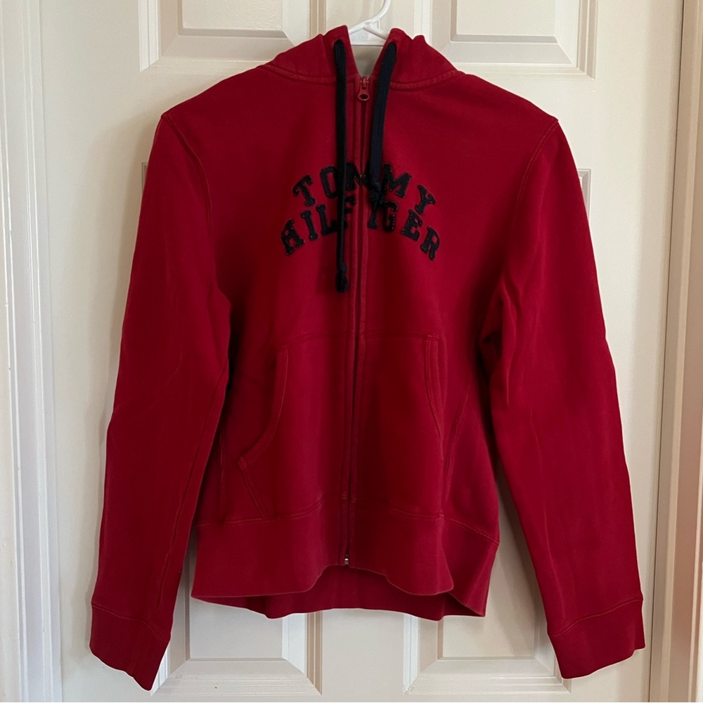 Tommy Hilfiger Red and Blue Zip Up Hooded Sweatshirt